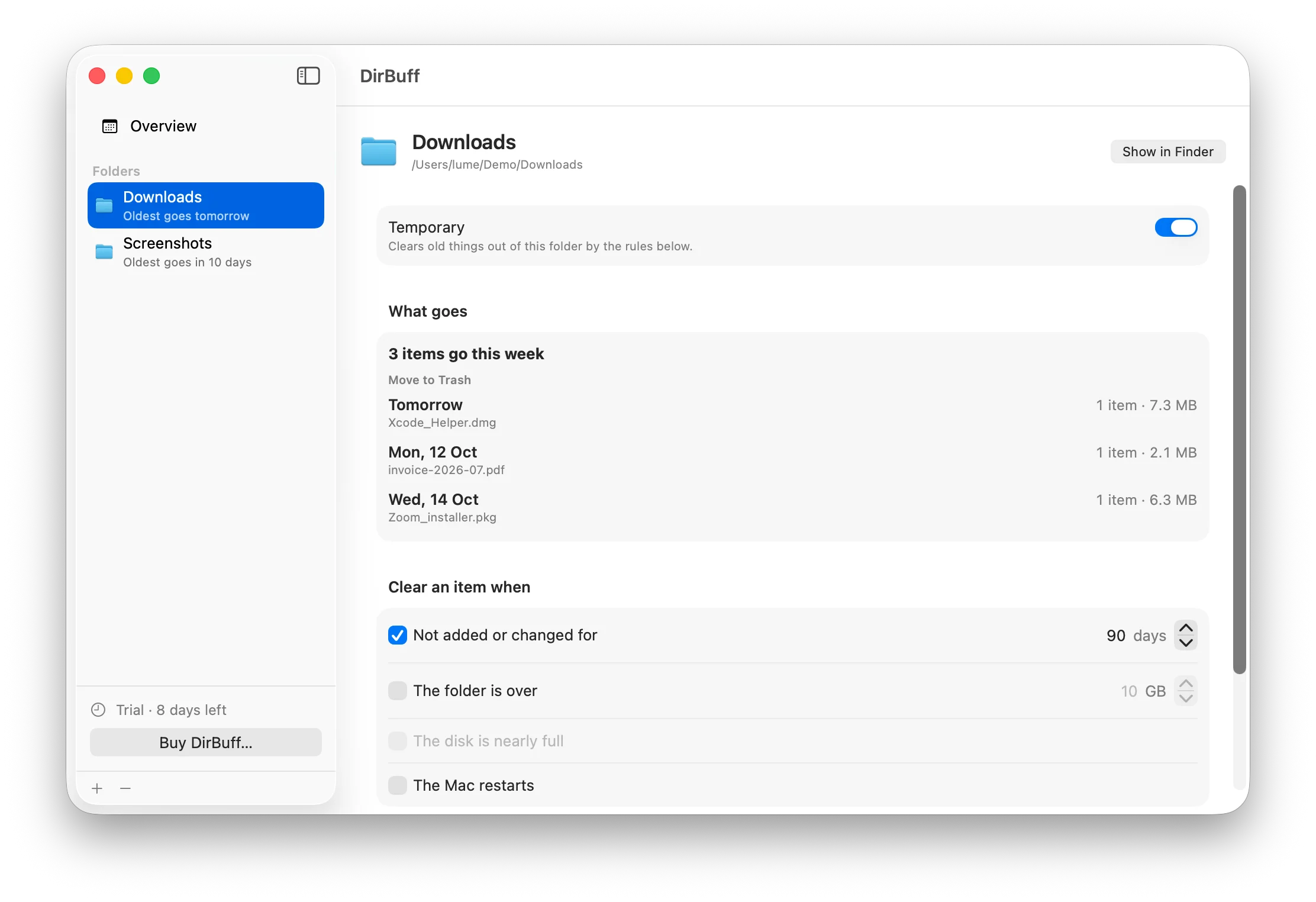 DirBuff's main window on a Temporary Downloads folder: three items go this week, cleared after 90 days without being added or changed