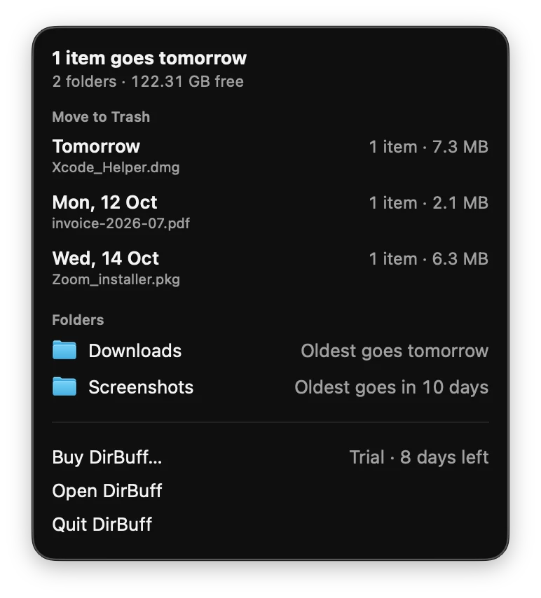 DirBuff's menu-bar window: one item goes tomorrow, what goes over the next week, and both Temporary folders